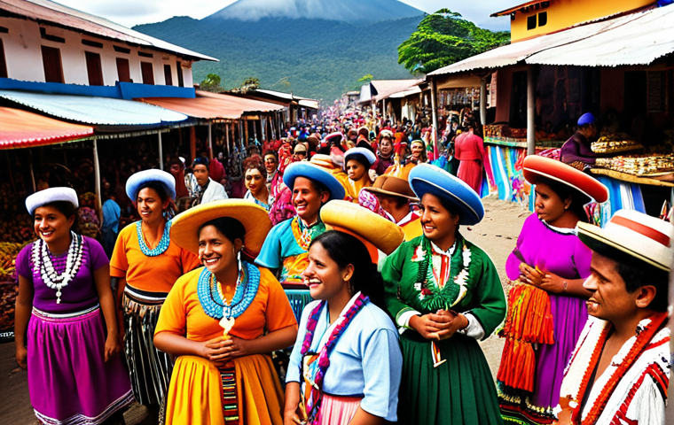 **
"A vibrant Guatemalan festival scene. People are celebrating, wearing traditional clothing, with colorful decorations everywhere. Focus on the joy and community spirit. Market stands with local products, traditional textiles, marimba music."
**