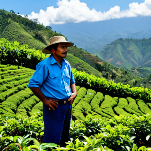 Home 6 A professional Guatemalan coffee farmer, fully clothed in modest, practical work attire, standing naturally amidst a lush, high-altitude coffee plantation on volcanic soil. The farmer has a respectful expression, observing the vibrant green coffee plants laden with ripe red cherries. The background features rolling hills and a clear, bright sky, emphasizing the natural beauty of the region. Perfect anatomy, correct proportions, natural pose, well-formed hands, proper finger count, natural body proportions, high-quality professional photography, sharp focus, vibrant colors. safe for work, appropriate content, family-friendly.