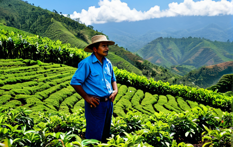 A professional Guatemalan coffee farmer, fully clothed in modest, practical work attire, standing naturally amidst a lush, high-altitude coffee plantation on volcanic soil. The farmer has a respectful expression, observing the vibrant green coffee plants laden with ripe red cherries. The background features rolling hills and a clear, bright sky, emphasizing the natural beauty of the region. Perfect anatomy, correct proportions, natural pose, well-formed hands, proper finger count, natural body proportions, high-quality professional photography, sharp focus, vibrant colors. safe for work, appropriate content, family-friendly.